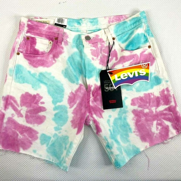 Levis 501 ´93 Shorts Cut Off Denim White Pink Blue Tie Dye Rainbow